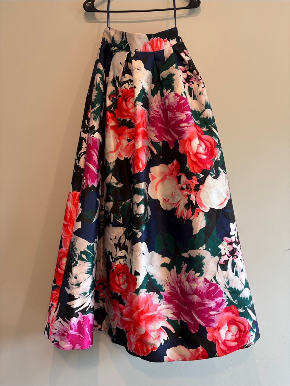 Eliza J Navy A-Line Midi Skirt with Pink, Coral & White Floral Print